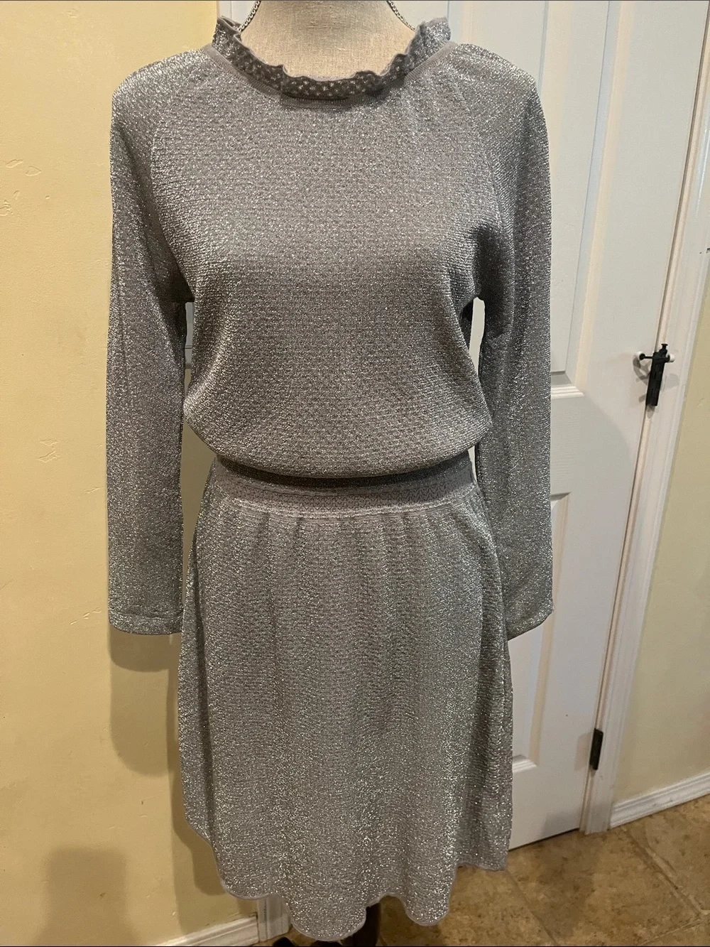 Tory Burch Isabelle Metallic Silver Knit Dress with Ruffle Neck